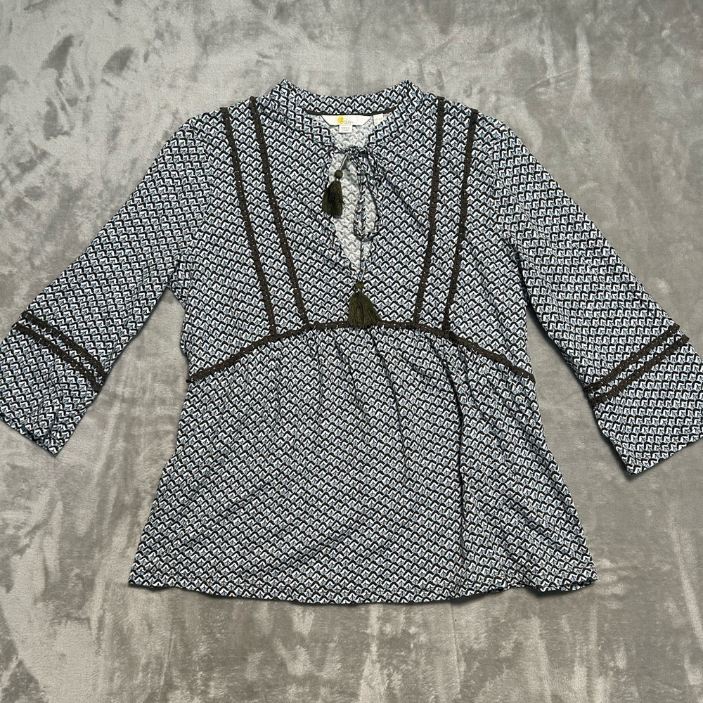 Boden Geometric Print Blouse Top Women’s 12P Petite Blue Brown 3/4 Sleeve